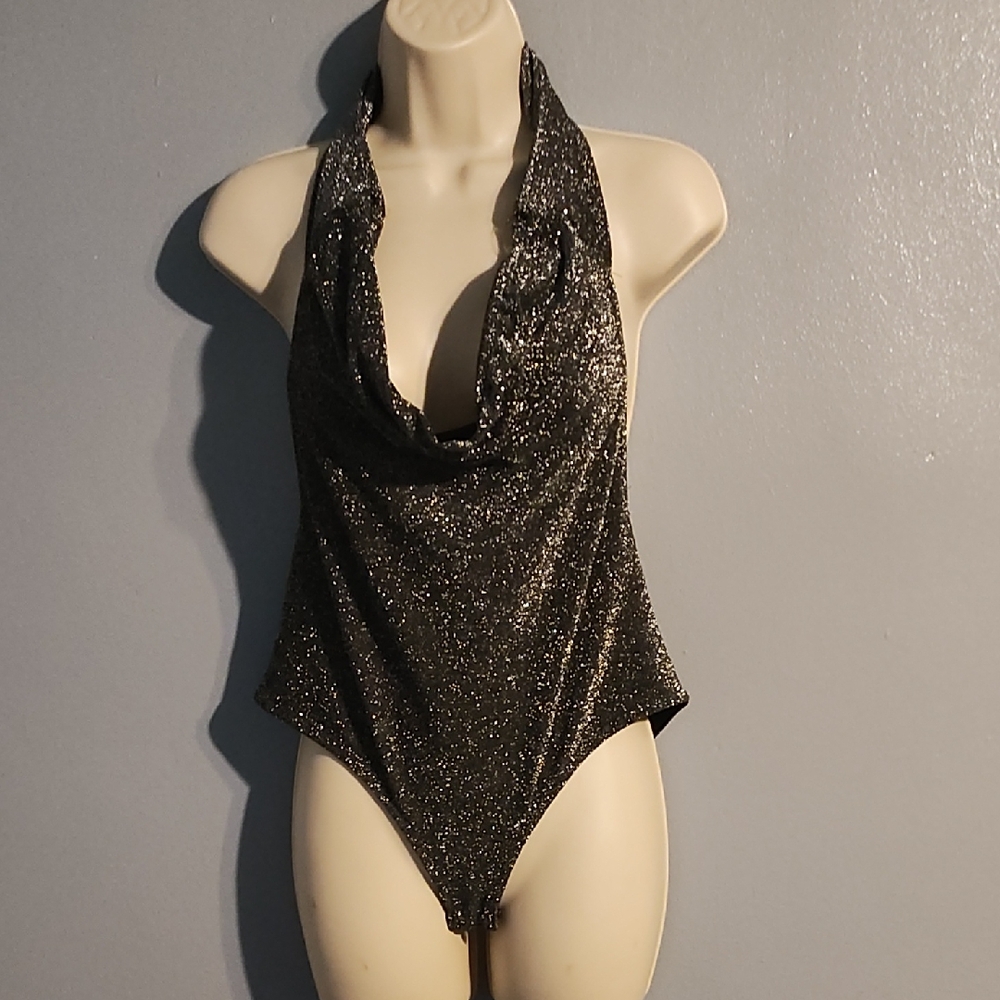 Sparkling Black And Gold Blashe Halter Bodysuit